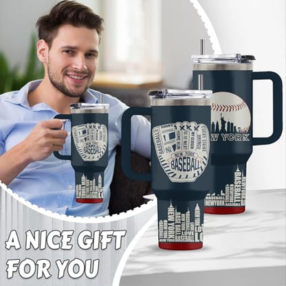 Baseball 40oz Tumbler, with Handle & Straw, Stainless Steel Cup - color: Baseball