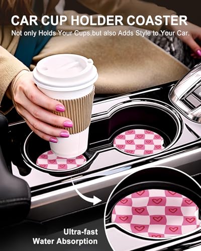 Swooflia 2 Pack Absorbent Ceramic Car Coasters for Women - color: Wavy Pink Checkered