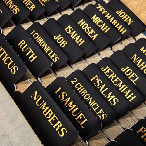 Laminated Bible Tabs, Gold Foil Embossed Lettering Bible Index Tabs for Women Men, Reposition Large Print Sticky Labels, Easy to Read and Apply, 105 Labels for Easy Navigation, Black - style: Gold Foil Black