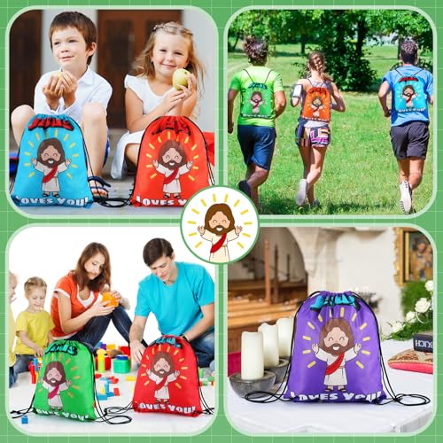 24 Pcs Religious Drawstring Bags Bulk Christian Gift Bags, Jesus Loves You Vbs Backpacks for Sunday School, Bible Drawstring Backpack Graduation Church Camp Party Favors - style: Jesus Loves You