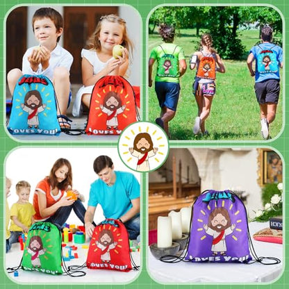 24 Pcs Religious Drawstring Bags Bulk Christian Gift Bags, Jesus Loves You Vbs Backpacks for Sunday School, Bible Drawstring Backpack Graduation Church Camp Party Favors - style: Jesus Loves You