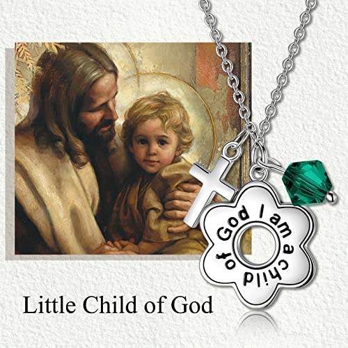 AOBOCO 925 Sterling Silver I Am a Child of God Daisy Necklace Jewelry Birthday Birthday Baptism Communion Gifts for Girls - color: Simulated Emerald