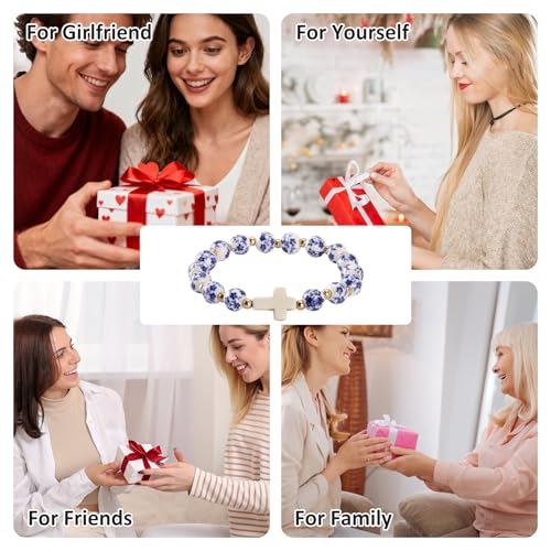 Cross Bracelet for Women - Christian Cross Beaded Bracelet Religious Jewelry for Women, Catholic Confirmation Gifts Inspirational Stretch with Charm, Meaningful Confirmation Jewelry Gifts - color: Blue