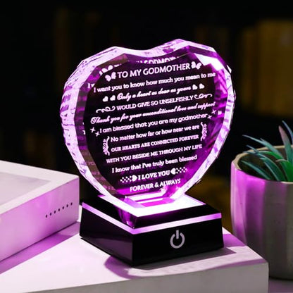 Arikyrist Godmother Gifts from Godchild with Colorful Light Base, Birthday Gift for Godmother Crystal Heart Keepsake, To My Godmothers Gifts from Goddaughter Godson on Mothers Day Christmas - color: Godmother Gifts + Light Base