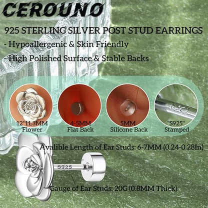 CEROUNO Flat Back Stud Earrings - 925 Sterling Silver Post Flatback Earrings Gold Silver Cubic Zirconia Earrings Studs for Women - color: Silver Flower