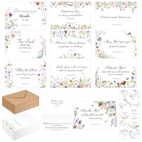 Affrolling 50 Pcs Christian Thank You Cards Bulk with Envelopes Stickers - style: Wildflower