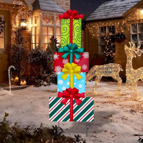 Afirst Christmas Yard Sign Stakes 4PCS Stacked Box Outdoor Decor - color: Gift Box