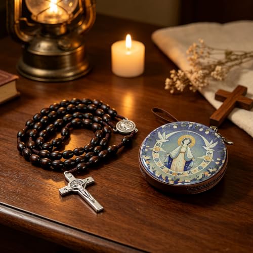 Wooden Catholic Rosary Beads, Rosarios Catolicos with Decorative Prayer Box - color: Brown (9)