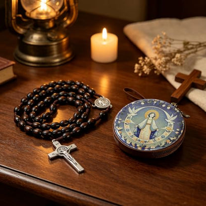 Wooden Catholic Rosary Beads, Rosarios Catolicos with Decorative Prayer Box - color: Brown (9)