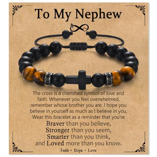 Cross Bracelet Gifts for Men Boys, Cross Beads Bracelet Christian Christmas Easter Basket Stuffers Baptism Jewelry Gifts for Man Him Son Grandson Nephew Brother Godfather Godson - style: Nephew
