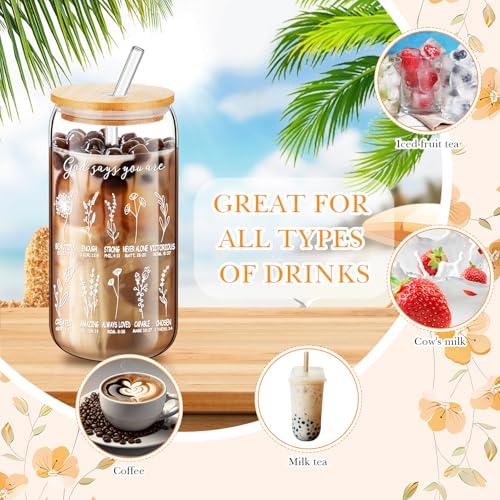 6 Pcs Christian Gifts for Women Christian God Says You Are Glass Tumblers Set 16oz Iced Coffee Cups with Lids Glass Straws Scripture Bible Verse Cups Gifts for Women