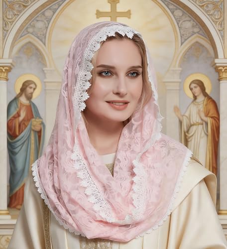 YHDDYG Infinity Veil for Catholic Mass Lace Infinity Scarf Church Veil for Girls Mantilla Infinity Veils Roses S97 - color: Pink Infinity