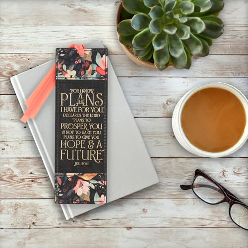 Christian Art Gifts Premium Faux Leather Bookmark: I Know the Plans - color: Black Multicolor Floral/Know the Plans