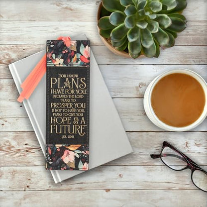 Christian Art Gifts Premium Faux Leather Bookmark: I Know the Plans - color: Black Multicolor Floral/Know the Plans