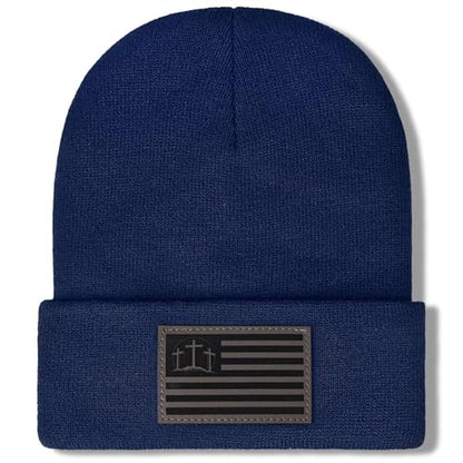 Christian Cross Beanie Hats for Men Women, Faith Winter Cuffed Hats, Religious Gifts for Thanksgiving Christmas New Years - color: Dark Blue, style: Three Cross Flag