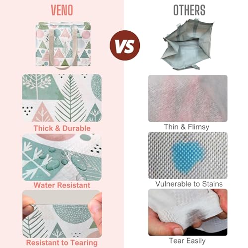 VENO 2 Pack Utility Tote Reusable Grocery Bags with Zipper & Hard Bottom - color: Pastel Forest, size: 2 Pack