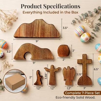 Wooden Empty Tomb Easter Scene Cross Decoration, 7-Piece Jesus Resurrection Nativity Set, Religious Christian Tabletop Decor for Home Office Church