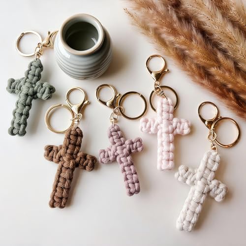 Macrame Cross Keychain,Jesus Key Chain Christian Car Accessories Handmade Soft Cross Keychain Cute Baptism Faith Inspired Boho Decor for Women Men Religious Gifts(Olive)