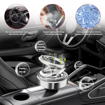 DXNQ Solar Rotating Car Air Freshener, Double Ring Solar Energy Car Dashboard Decoration Perfume Holder, Rotating Aromatherapy Diffuser Ornament for Car Home, Car Accessories (Silver)