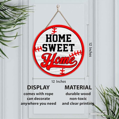 Baseball Home Sweet Home Sign - 12 Inch Round Wood Front Door Hanger - Sports Themed Welcome Plaque Wall Decor for Living Room Porch Bedroom Kids Room Office with Hanging Rope - color: Home Sweet Home Baseball