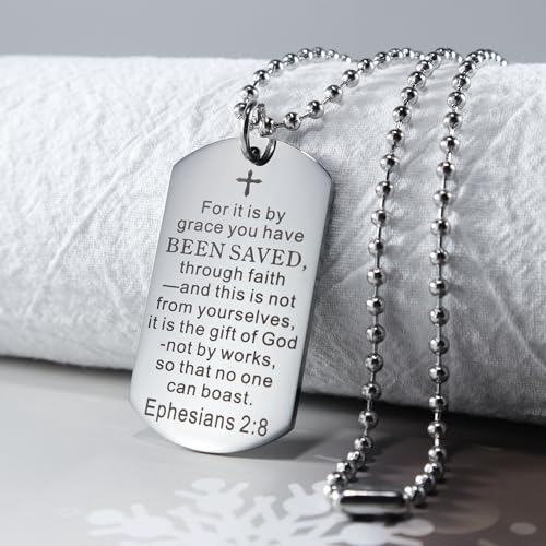 Christian Scripture Religious Dog Tag Necklace,Catholic Bible Verse Baptism Confirmation Sacrament Gifts - style: Ephesians 2:8
