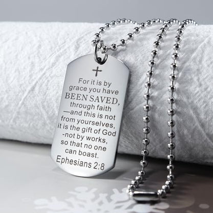 Christian Scripture Religious Dog Tag Necklace,Catholic Bible Verse Baptism Confirmation Sacrament Gifts - style: Ephesians 2:8