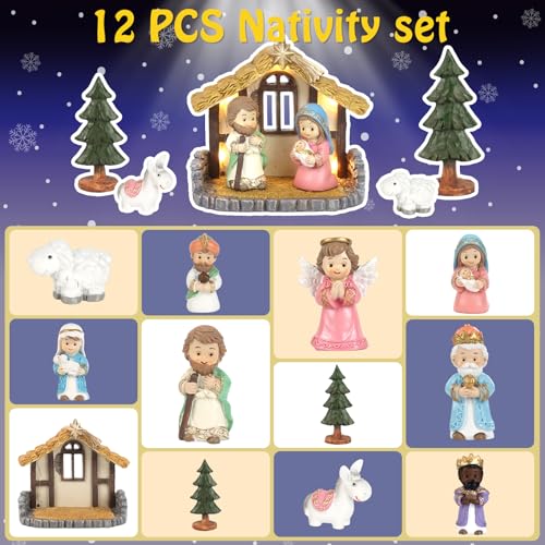 Nativity Set with LED Lights - 12Pcs Nativity Story Set with Little Figures