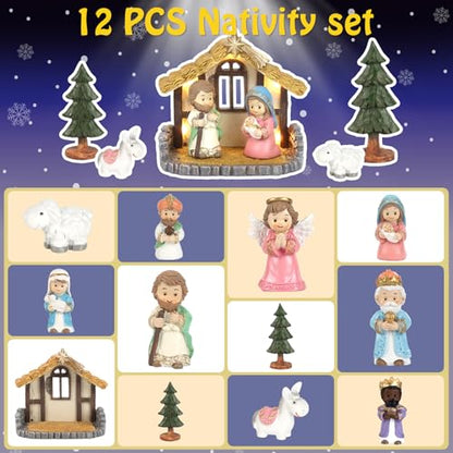 Nativity Set with LED Lights - 12Pcs Nativity Story Set with Little Figures