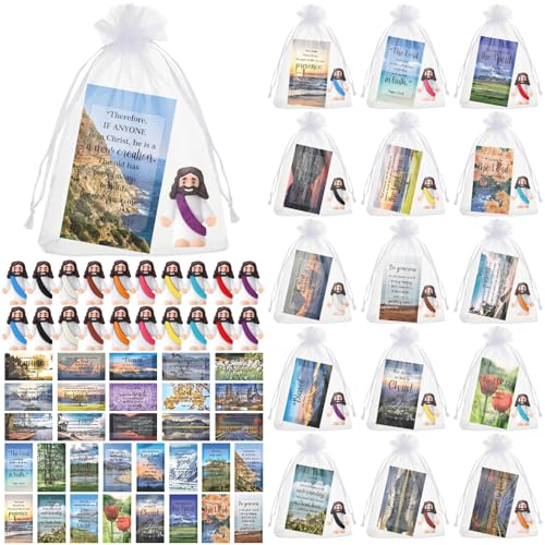 Bememo 50 Sets Christian Gifts Bulk Bible Verse Cards Include Little Jesus Figures Prayer Cards and Organza Bags for Religious Party Favors Sunday Baptism Gifts(Landscape Style,Classic) - color: Classic, style: Landscape Style