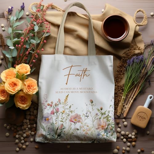 Christian Floral Tote Bag, Faith of a Mustard Seed Matthew 17:20 Bible Verse Canvas Tote Bags, Christian Gifts for Women, Wildflower Religious Reusable Grocery Shopping Bag