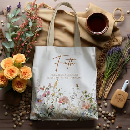 Christian Floral Tote Bag, Faith of a Mustard Seed Matthew 17:20 Bible Verse Canvas Tote Bags, Christian Gifts for Women, Wildflower Religious Reusable Grocery Shopping Bag