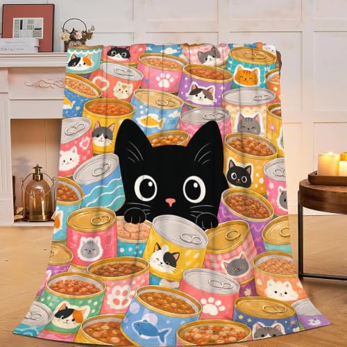 Black Cat Throw Blanket Food Can Kawaii Pet Lover Stuff Gifts 60''X80'' - color: Black Cat, size: 60''x80''