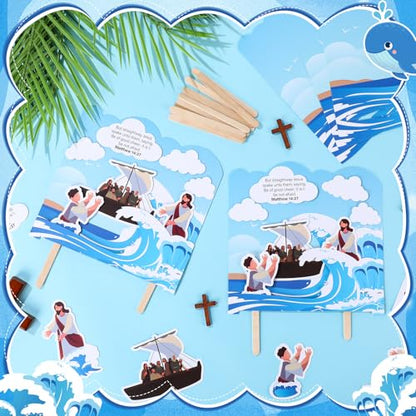 GlikCeil 24 Sets Jesus Walks on Water Craft Kit DIY Christian Bible Crafts Religious Jesus Faith Gifts for Kids Classroom Vbs Sunday School Activities Party Decorations