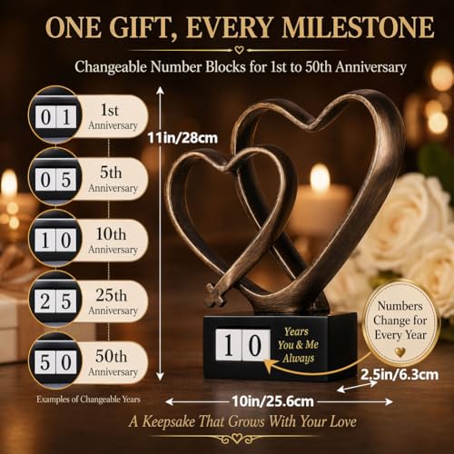 QIANLING Wedding Anniversary Couples Gift - 1st to 60th Anniversary with Rotating Year Blocks, Two Hearts and Cross Sculpture, Christian Love Decor Gift for Wife Husband Parents, Printed Poem Card