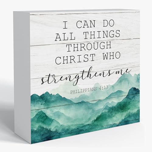 I Can Do All Things Through Christ Sign | Psalm 23 Bible Verse Wooden Box Sign | Christian Art Inspirational Desk Accent, Religious Home or Office Shelf Decor Motivational Gift 5x5 Inch-B06 - color: I Can Do All Things Through Christ
