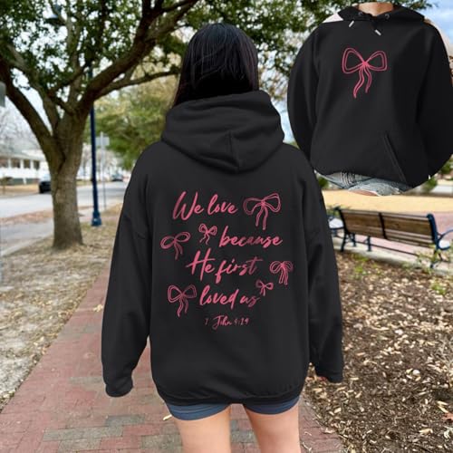Christian Bow Hoodies for Women Cute Bow Print Sweatshirt Bible Verse Graphic Hoodie Religious Pullover Sweatshirts - color: Black, size: Small