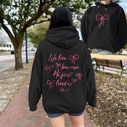 Christian Bow Hoodies for Women Cute Bow Print Sweatshirt Bible Verse Graphic Hoodie Religious Pullover Sweatshirts - color: Black, size: Small