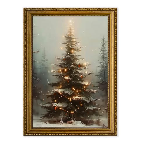 Fantasy Artists Christmas Framed Canvas Wall Art, Lighted Christmas Tree in Snowy Forest Gold Frame Print, Vintage Winter Holiday Decor for Living Room Bedroom Entryway, Ready to Hang, 16" Wx24 H - color: Christmas tree, size: 24"L x 16"W
