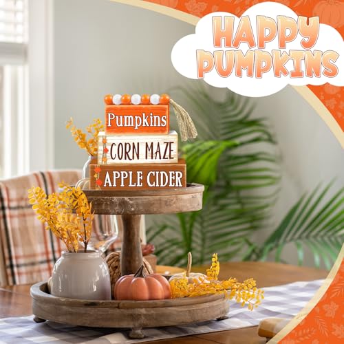 Britimes Pumpkin Fall Tiered Tray Decor Set, 4 Pack, Wooden Table Sign - color: Harvest