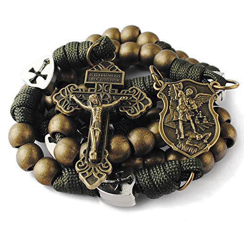 HanlinCC Catholic Rosary Paracord Large Metal Beads St.Michael Medal Men - style: Antique Bronze St.Michael Paracord Rosary