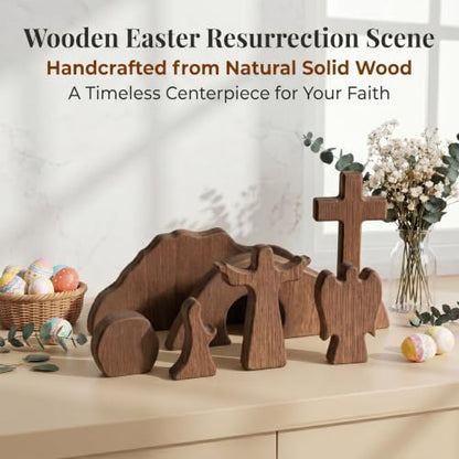 Wooden Empty Tomb Easter Scene Cross Decoration, 7-Piece Jesus Resurrection Nativity Set, Religious Christian Tabletop Decor for Home Office Church