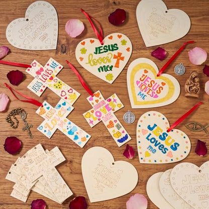 Blueweenly 24 Pcs Christian Vbs Crafts Kits for Classroom DIY Unfinished Wood Jesus Loves Me Art and Craft Cross and Heart Shaped Religious Hanging Ornament for Sunday School Classroom Home Activities