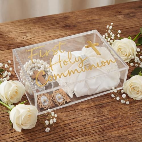 First Communion Keepsake Box Acrylic Baptism Memory Gift Box for Boy Girl Catholic Religious First Holy Communion Prayer Storage Gift for Rosary Jewelry Memento Photo, 8 x 5.5 x 2.36 Inch