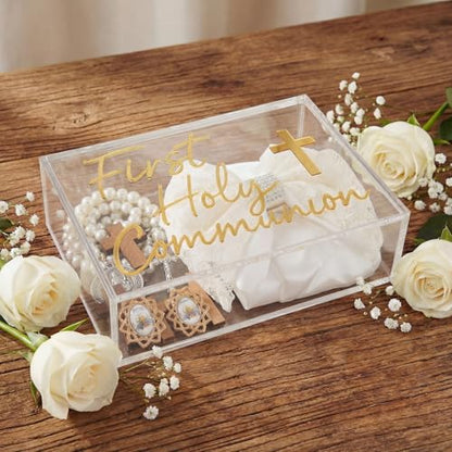 First Communion Keepsake Box Acrylic Baptism Memory Gift Box for Boy Girl Catholic Religious First Holy Communion Prayer Storage Gift for Rosary Jewelry Memento Photo, 8 x 5.5 x 2.36 Inch
