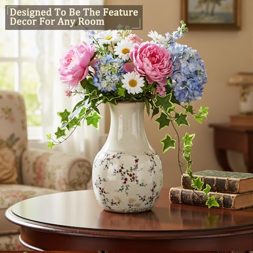 LemonRoad Vintage Ceramic Flower Vase 5.7 Inch Chinoiserie Ice Cracked Glaze Porcelain Vase Rustic Ceramic Large Centerpieces for Home Table Living Room Bookshelf Office(Rose Style) - style: Rose Style