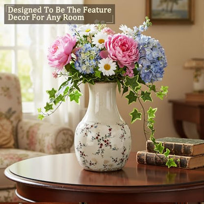 LemonRoad Vintage Ceramic Flower Vase 5.7 Inch Chinoiserie Ice Cracked Glaze Porcelain Vase Rustic Ceramic Large Centerpieces for Home Table Living Room Bookshelf Office(Rose Style) - style: Rose Style