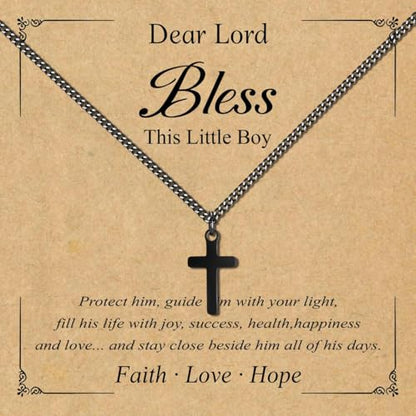 Small Cross Necklace for Boys Baptism Christmas Confirmation Valentines Easter Birthday Gifts to Teens Son Grandson Nephew - color: black, style: bless this boy
