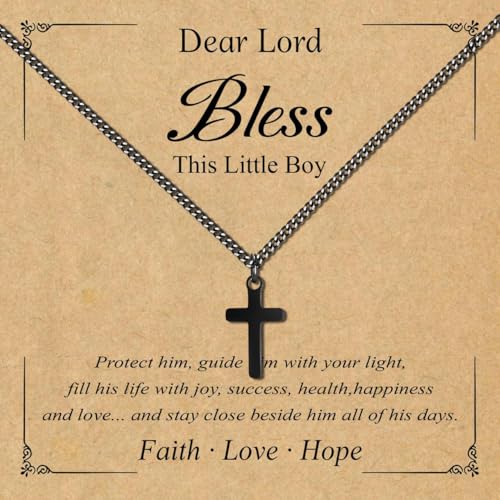 Small Cross Necklace for Boys Baptism Christmas Confirmation Valentines Easter Birthday Gifts to Teens Son Grandson Nephew - color: black, style: bless this boy