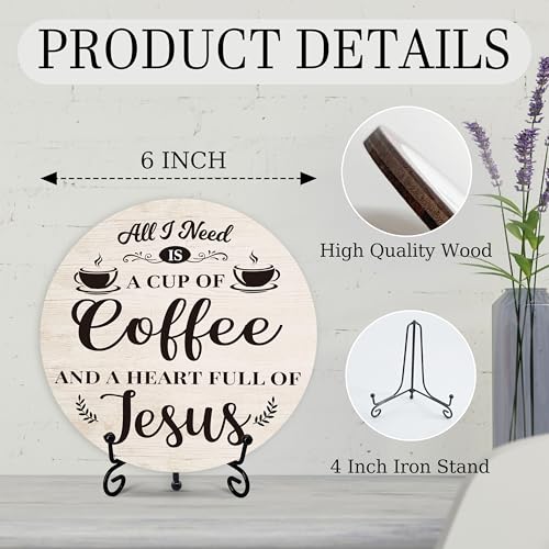 Coffee Bar Sign, Christian Coffee Decorations for Coffee Bar, Farmhouse Round Wood Plaque with Stand, Coffee And Jesus Themed Coffee Signs for Coffee Station Home Office, Coffee Lover Gifts (09) - color: Rustic