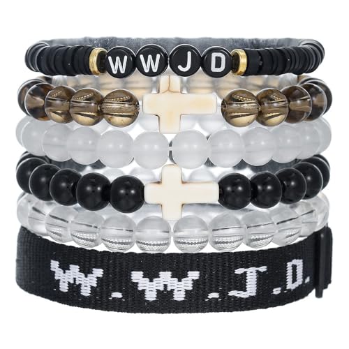 WWJD What Would Jesus Do Christian Stackable Bracelet Set for Women Men, Inspirational Faith Cross Beaded Elastic Wristbands, Religious Bible Verse Jewelry Gift for Church - color: Black 6pcs